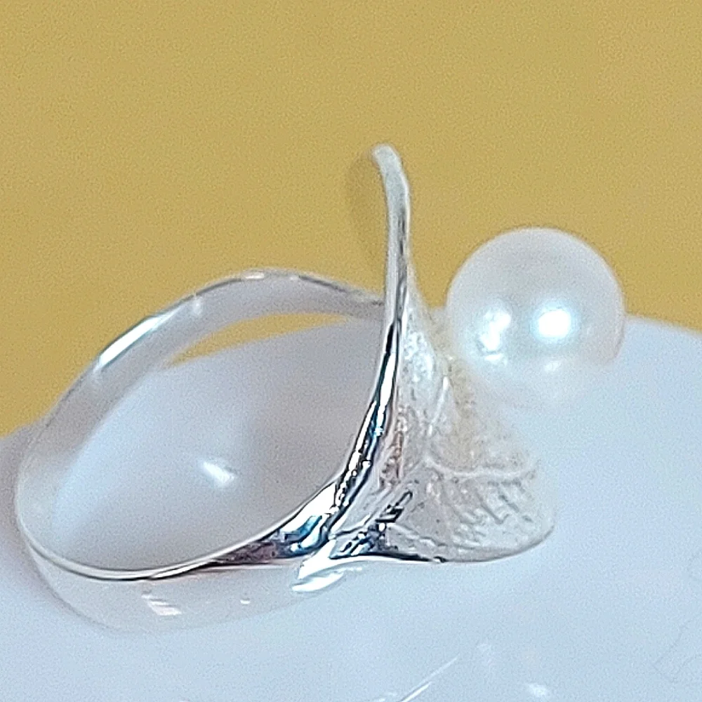 Natural Creamy White Pearl 7mm 925 Sterling Silver Leaf Ring‎ Sz 7 - Picture 6 of 8